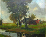Vóór restauratie, schilderij landschap huizen